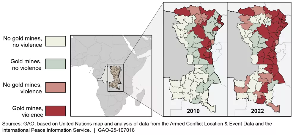 Map of the Democratic Republic of Congo showing locations of violent events and gold mining sites --2010 to 2022