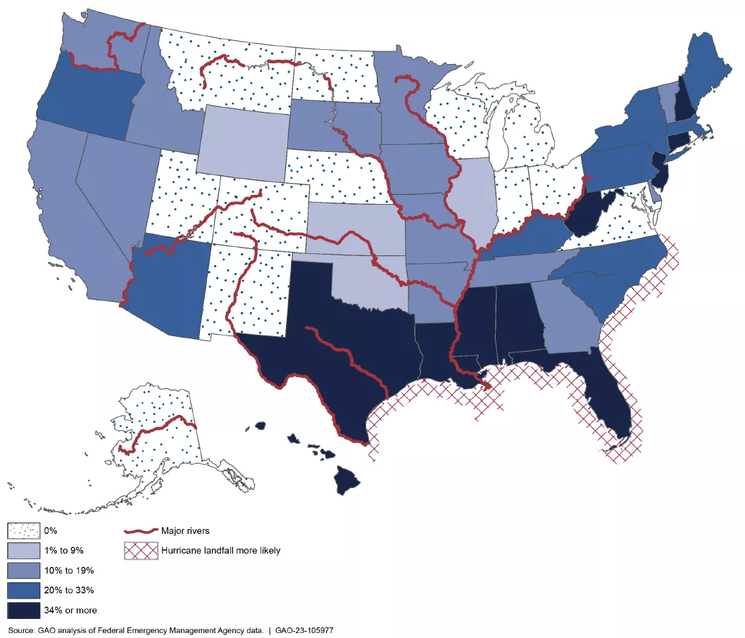 Map showing the needed changes in NFIP premiums to fully reflect risk, by state, as of December 31, 2022.