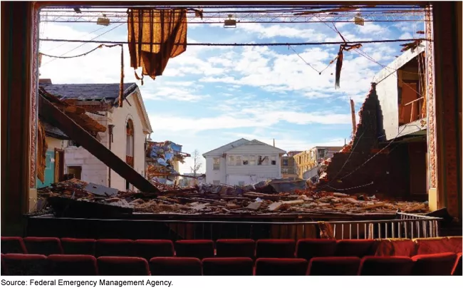 Photo from FEMA showing damage to a movie theater in the wake of a tornado. The movie theater seats remain, but the wall where the screen was is gone.