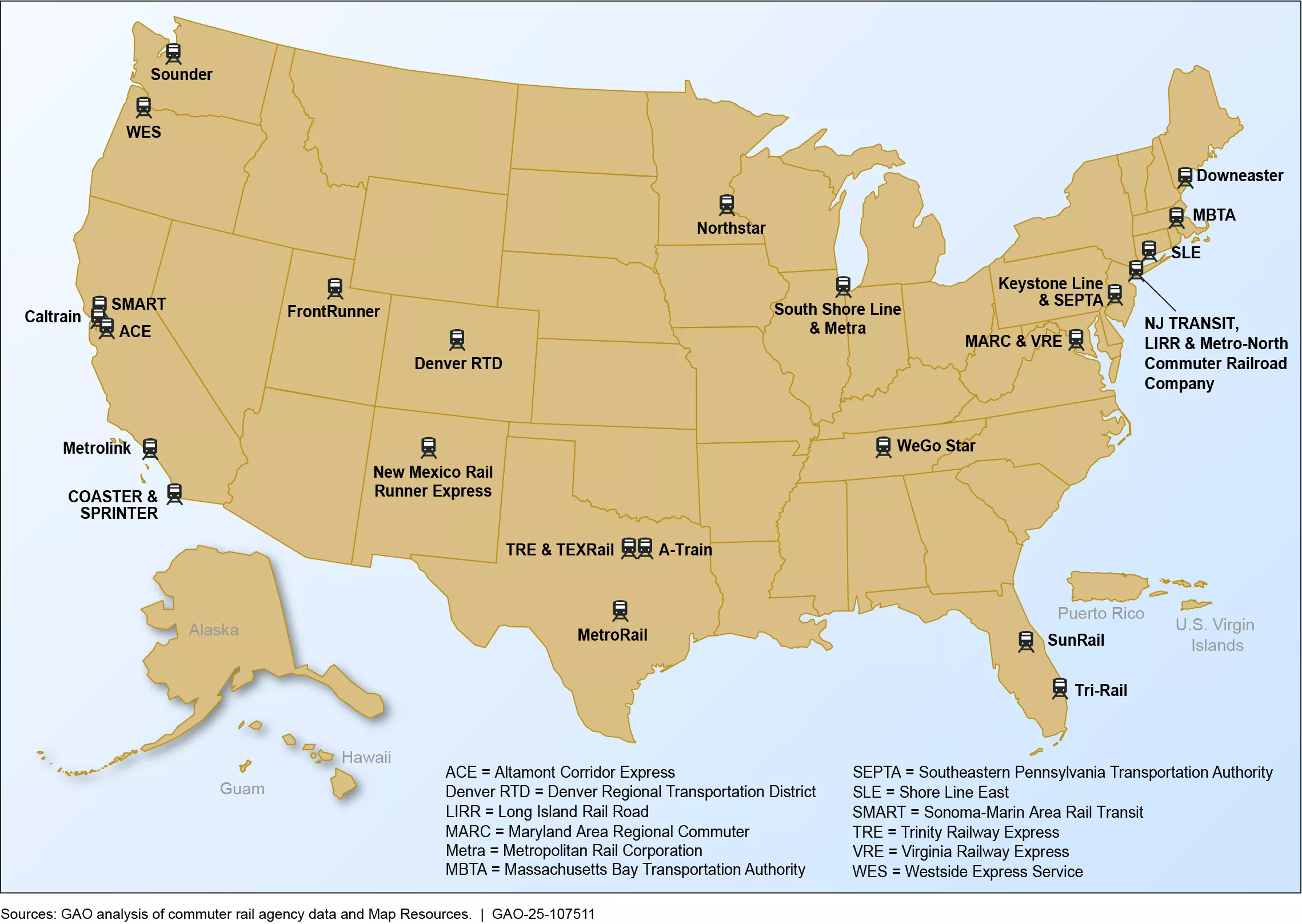 A map of U.S. showing the 31 commuter rail systems around the country.