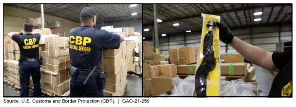 Photos of U.S. Customs and Border protection agents inspecting imports from China