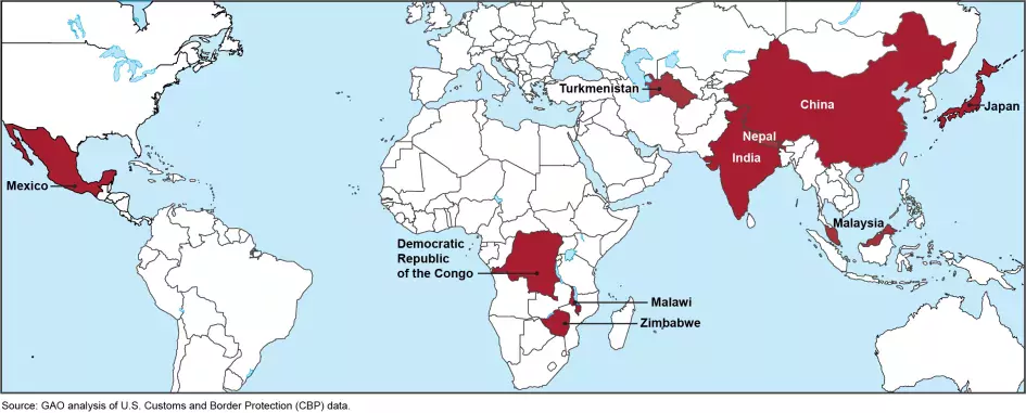 Map showing countries where forced labor projects could come from.