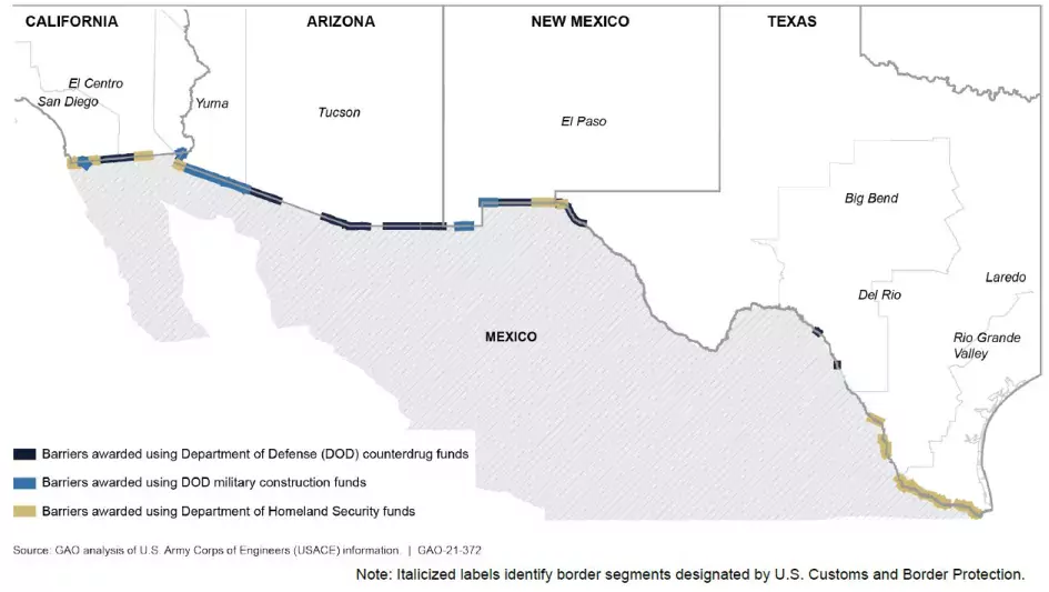 Map of border with Mexico showing contracted barrier work from FYs 2018-2020