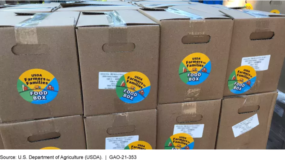 Photo of boxes used for meal delivery under USDA's Food Box program. 
