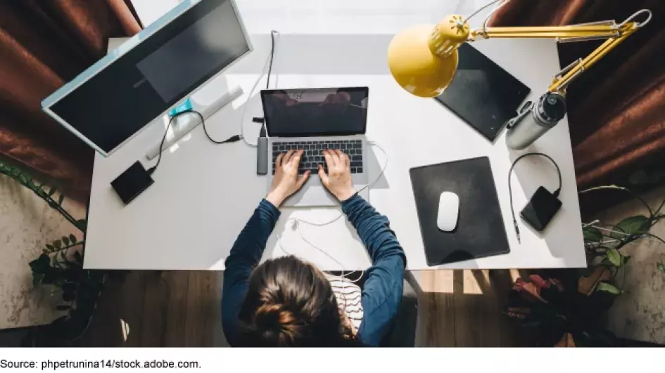 Photo showing a woman at her computer working. 