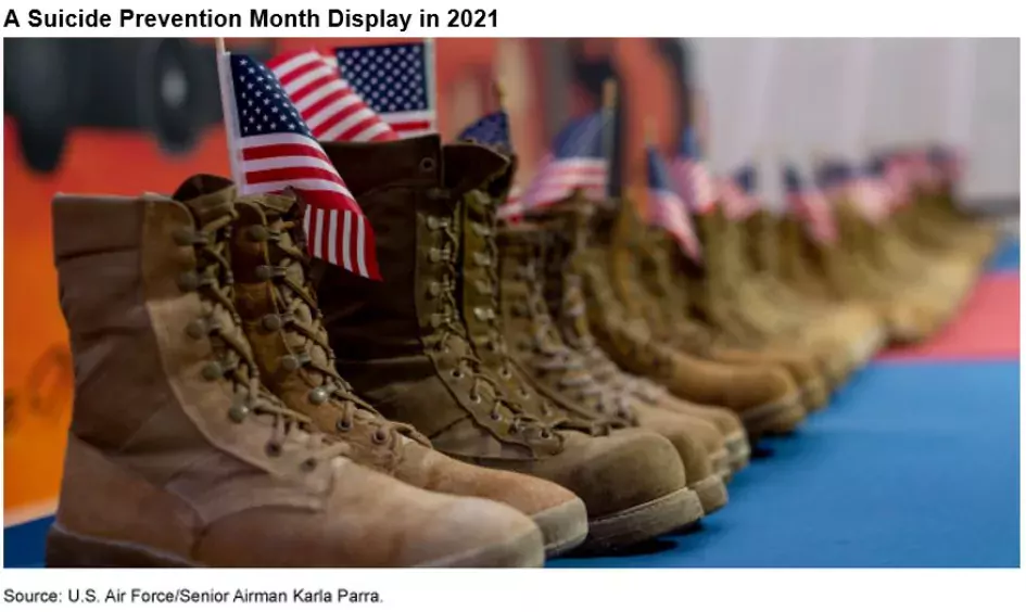 Photo showing combat boots in a line with little USA flags in them. This was part of a military Suicide Prevention Month display in 2021.