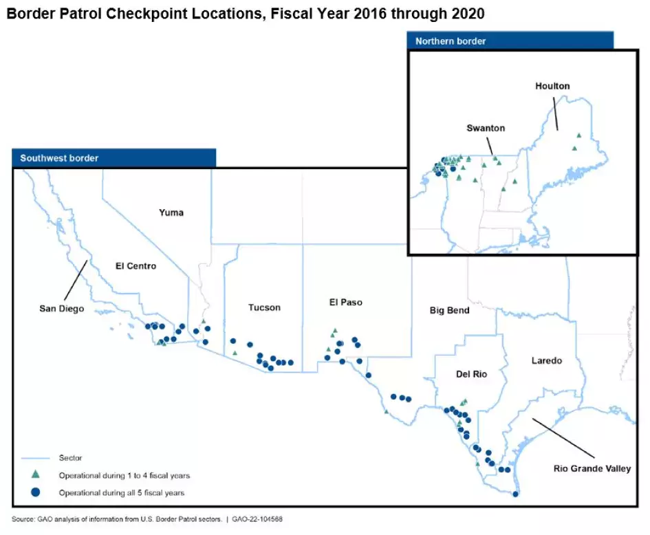 Locations of Border Patrol checkpoints from FY 2016 to 2020