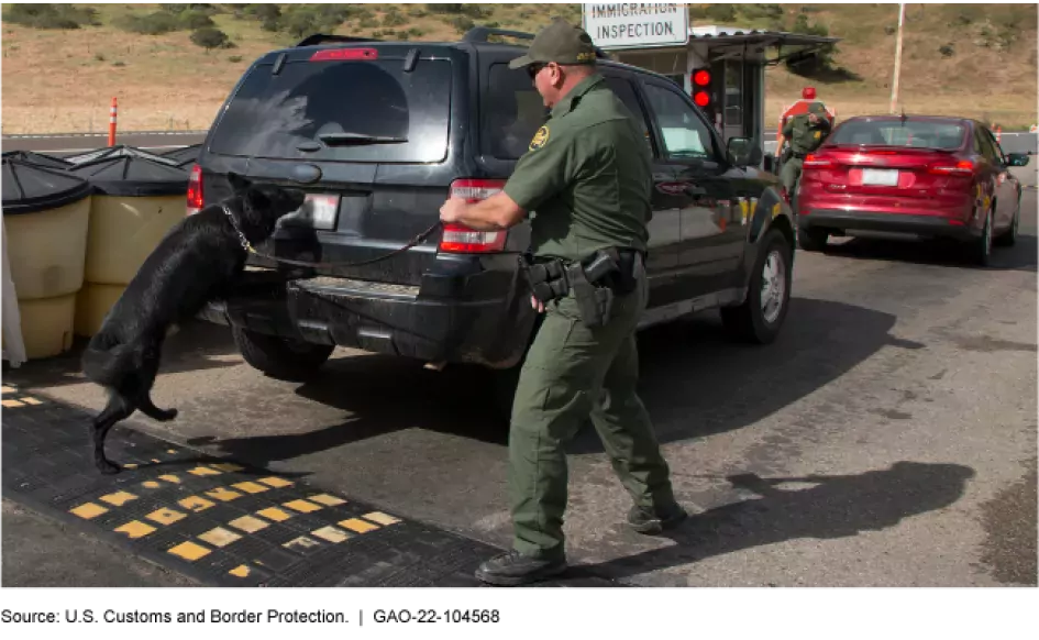 Border Patrol Checkpoint Canine Team Inspects a Vehicle