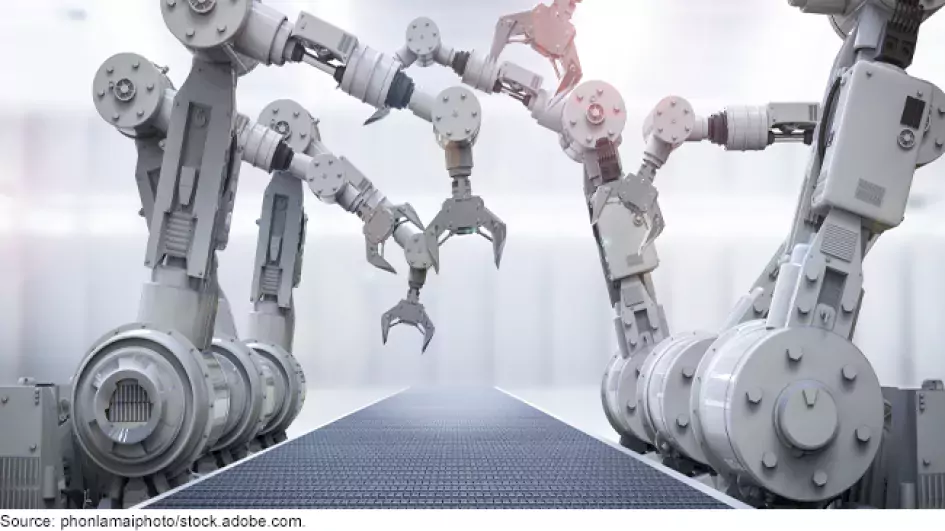 Photo illustration of robotic arms on an assembly line