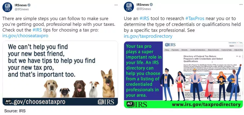 Two tweets from IRS side by side showing efforts to alert taxpayers about abusive tax schemes.