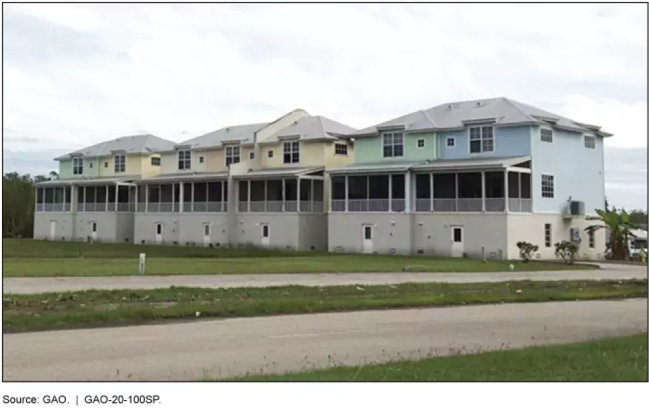 Photo showing a line of homes in Florida that have been elevated (raised) to avoid wind damage