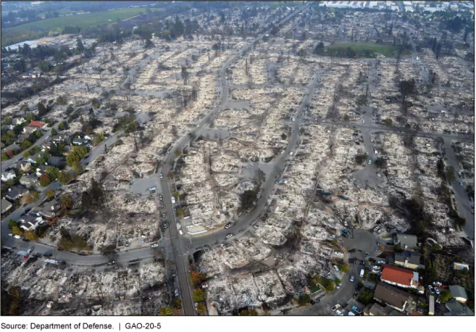 Aerial photo showing damage to a community caused by the 2017 Tubbs Fire