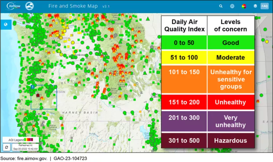 Image showing a screenshot of an online tool that maps the location of fire, smoke plumes and air quality issues.