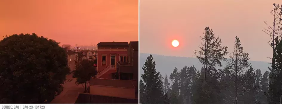 Two images side-by-side. On left, a orange sky over San Francisco. On right, orange haze over Yellowstone National Park. Both images are from wildfires occurring in 2020.