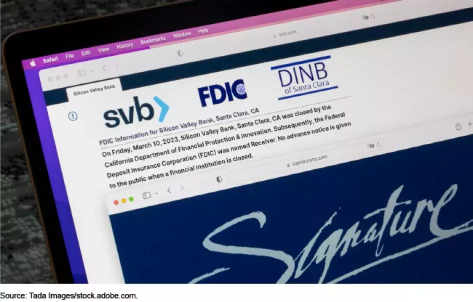 Illustration --Photo of a laptop screen showing the logs for Silicon Valley Bank, the Federal Deposit Insurance Corporation (FDIC) DINB and Signature Bank.