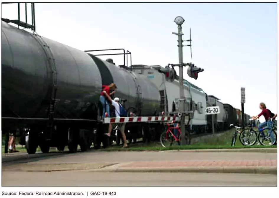 Photo showing a freight train stopped at a crossroads with people climbing on it.