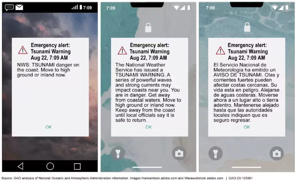 3 smartphone screenshots showing examples of emergency alerts or warnings about tsunamis.