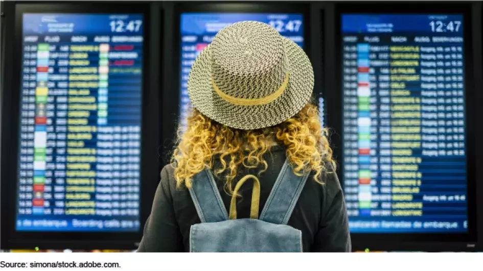 Photo showing a woman in a hat standing in front of an arrivals and departures board in an airport