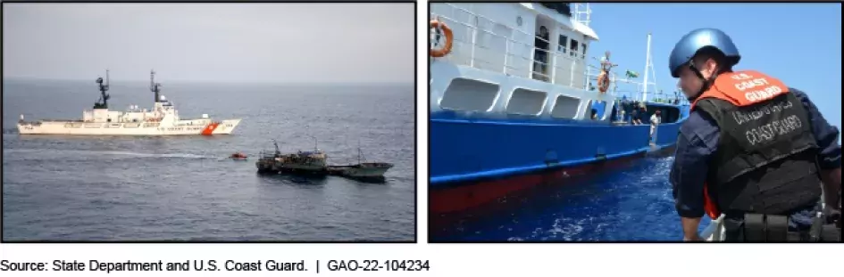 Two photos showing a Coast Guard ship approaching a fishing vessel (on left) and a Coast Guard servicemember in a small boat approaching a fishing vessel (on right).