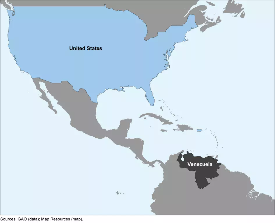Map showing the distance between the continental U.S. and Venezuela. 