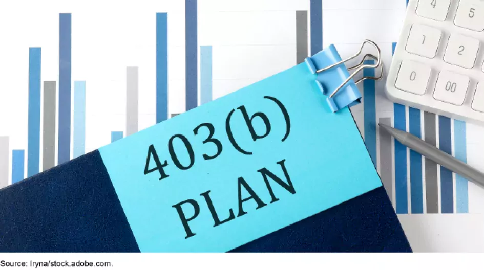 Illustration of a file folder marked "403(b) Plan" laying on top of spreadsheets, and a calculator.