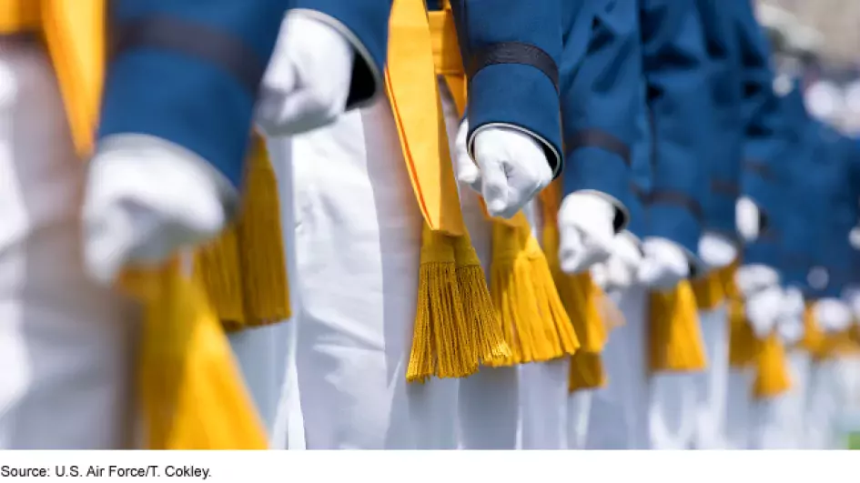 Photo showing a row of military service academy cadets in uniform--white pants, blue jacket, yellow sash, white gloves