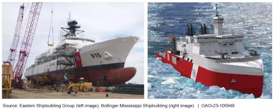 Side by side photos of a Offshore Patrol Cutter under construction (on left) and an illustration of a Polar Security Cutter at sea breaking through ice (on right).