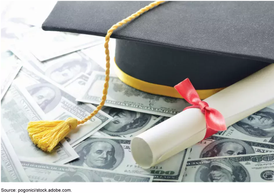Photo showing a graduation cap and diploma on a stack of paper money