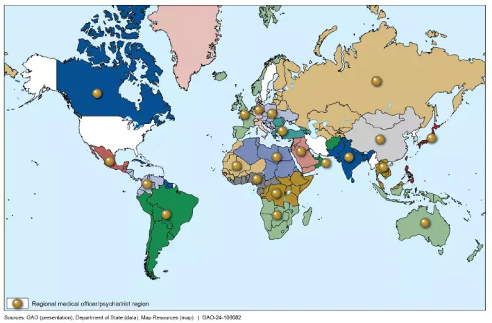 A political map of the world showing the locations (outside of the U.S.) of overseas psychiatrists. 