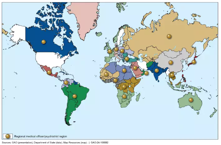 A political map of the world showing the locations (outside of the U.S.) of overseas psychiatrists.