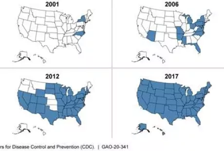 Map of the U.S. showing spread of superbugs from 2001 to 2017.