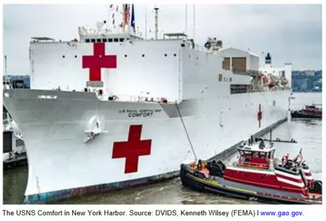 Photo of the U.S. Navy hospital ship Comfort docked in New York Harbor. 