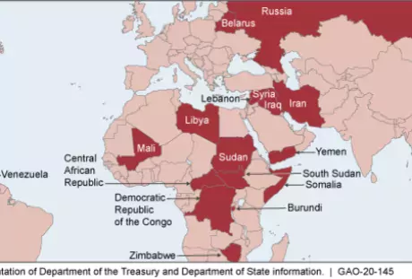 Map showing Country-Based and Country-Related U.S. Sanctions Programs as of July 2019