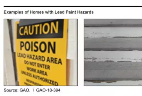 photos showing lead paint on wall and a warning sign about lead in paint