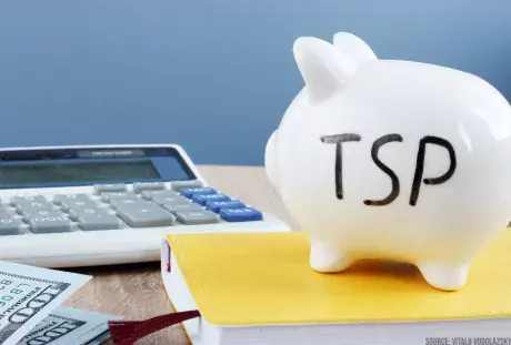 Photo showing a piggy bank with "TSP' written on it in the foreground and a calculator in the background