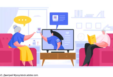 Cartoon illustration of two elderly people sitting near a TV and there's an advertisement on about a medical device product.
