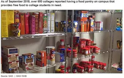 Photo of canned goods and others on food pantry shelves.
