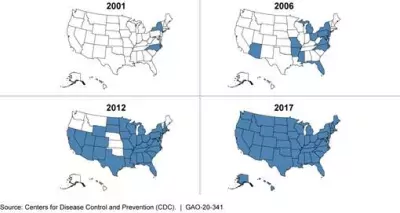 Map of the U.S. showing spread of superbugs from 2001 to 2017.