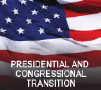 Graphic showing American flag in background. Text reads "Presidential and Congressional Transition"