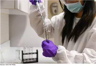 Doctor using syringe to fill test tube with demarcations in lab.