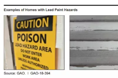 photos showing lead paint on wall and a warning sign about lead in paint