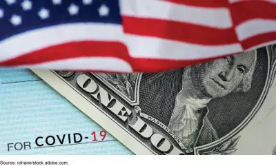 Illustration showing a U.S. Flag, dollar bill and COVID-19 check