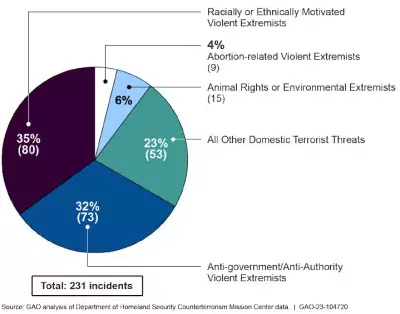 Pie chart showing categories of domestic terrorism-related incidents (2010-2021). The largest category shown is racially- or ethnically-motivated violent extremists.
