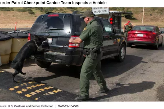Border Patrol checkpoint canine team inspection of a vehicle.