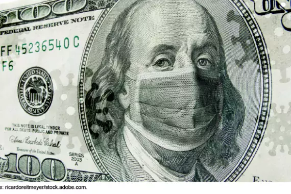 Illustration of a $100 bill with a mask over Ben Franklin's face (COVID)
