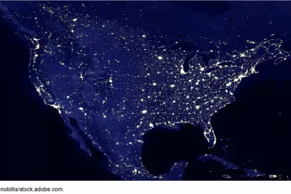 US map at night showing lights