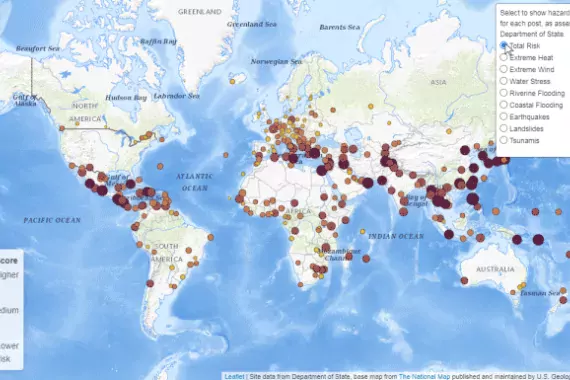 GIF showing how our interactive map works--It's a map of the world that shows the location of different natural hazards--for example coastal flooding in the southern U.S.