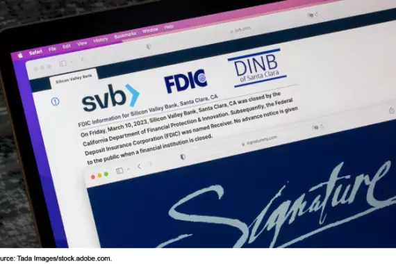 Illustration --Photo of a laptop screen showing the logs for Silicon Valley Bank, the Federal Deposit Insurance Corporation (FDIC) DINB and Signature Bank.