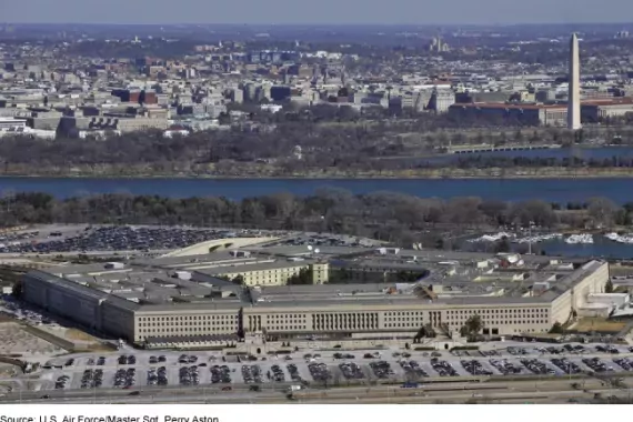 Photograph showing an aerial view of the Pentagon in Arlington, Virginia.