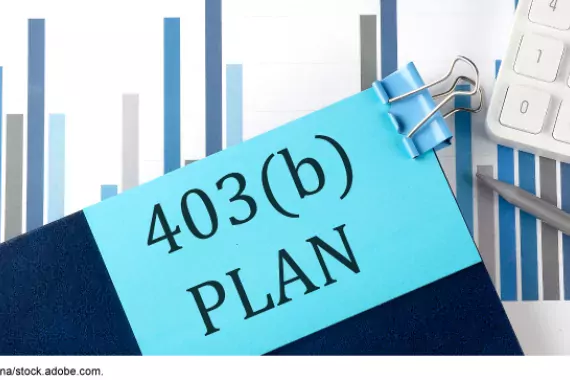 Illustration of a file folder marked "403(b) Plan" laying on top of spreadsheets, and a calculator.